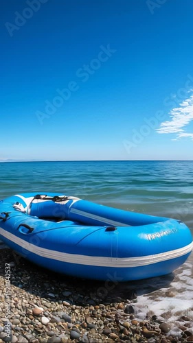 Waves gently lapping against a blue inflatable boat beached on a pebble shore under a clear sky
