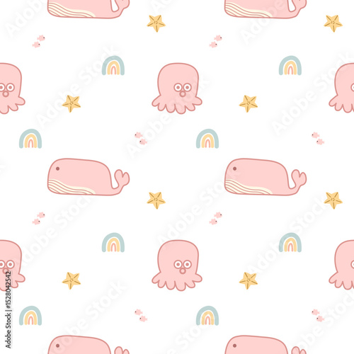 Whale and squid pink cartoon so cute. On starfish rainbow fish white background. Pattern seamless vector illustration. 