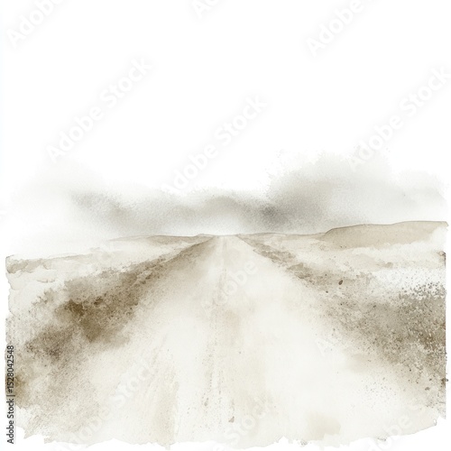 A muted, hazy watercolor landscape of a dirt road stretching into the distance