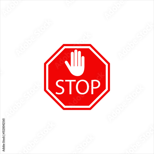 Red stop hand sign, stop hand vector printable design, isolated on white background. Traffic regulatory warning stop symbol. Vector illustration, EPS10.