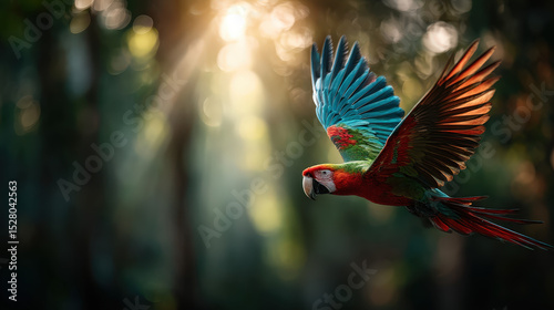 Vibrant Macaw in Flight through Dense Rainforest Canopy, Capturing Nature's Beauty and Colorful Wildlife