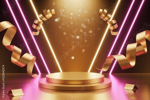 A radiant golden podium set against a background, adorned with elegant ribbon elements and highlighted by dynamic neon lighting, enhanced by a subtle bokeh
