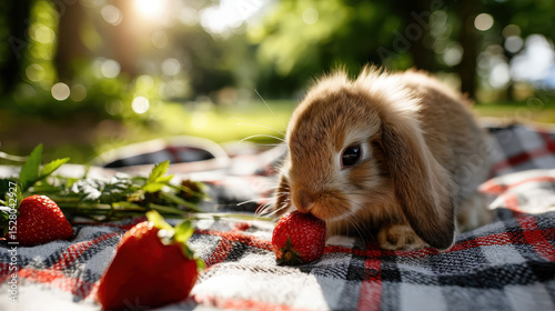 Cute rabbit enjoying a strawberry on a checkered picnic blanket in a sunlit meadow with a blurred background
