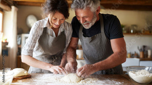 Joyful Senior Couple Laughing While Baking Together in a Cozy Kitchen with Flour on Their Hands and Table