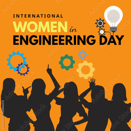 International Women in Engineering Day Vector with gear symbol and lady silhouettes. Design Illustration for Background, Poster, Banner, Advertising, Greeting Card