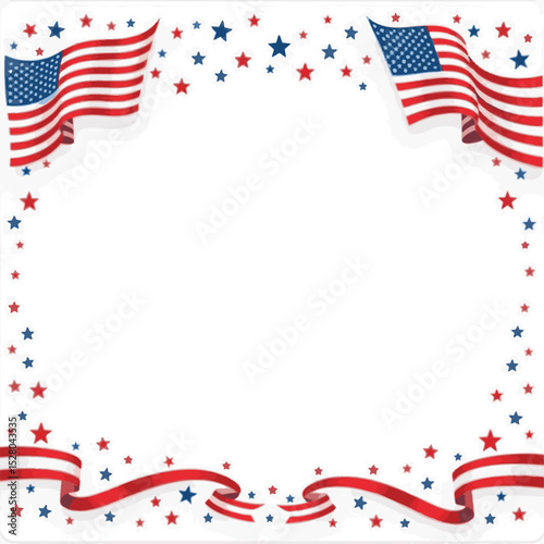 Patriotic frame featuring United States flag, red and white ribbons, and red and blue stars