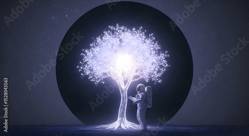 Astronaut Reading Book Under Glowing Tree Against Starry Sky