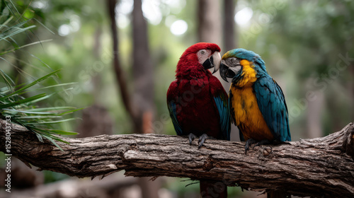 Two Colorful Parrots Preening Each Other on a Tree Branch in a Lush Green Environment