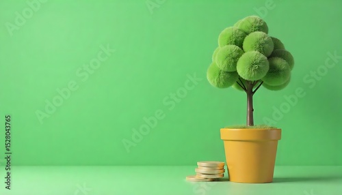 Money and tree in flower pot on green background with copy space Saving concept, Financial Growth Ideas, Business growth, interest and investment concept, created with generative ai