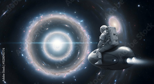 Astronaut Sitting on Spaceship Against Galaxy Backdrop