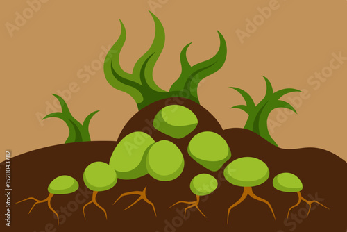 Cartoon illustration of growing plants in soil
