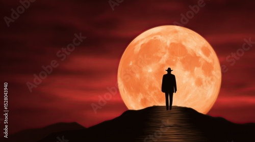 Man Silhouette Against Full Moon with Dark Sky Background