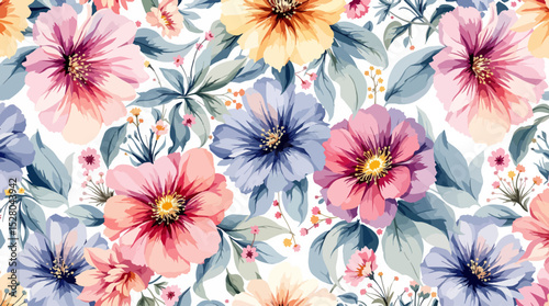 Seamless watercolor floral pattern with colorful wildflowers, leaves, plants and flying butterflies.