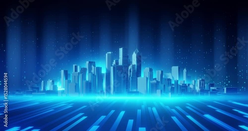 background modern city skyline rendered as a glowing blue wireframe with digital data flowing. Perfect for business, finance, and technology themes.