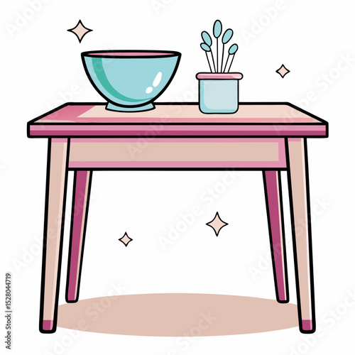 Colorful table with a bowl and a container of cotton swabs  