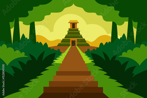 Jungle pyramid steps leading to ancient temple