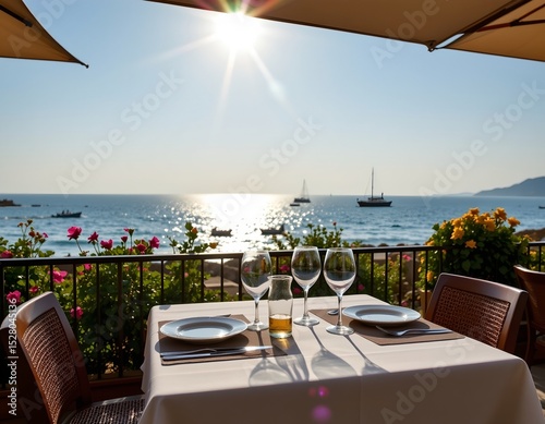 outdoor restaurant table set for dinner with sunset view by the sea, under midday sun, subject at top, clear copy space below.