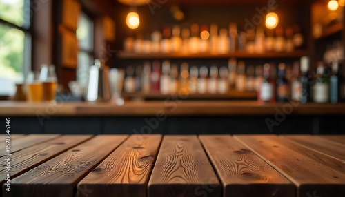 Wooden tabletop bar background with blurred bottles. Table surface made of planks in cozy pub restaurant, retro vintage design. Nightlife drinks concept, warm light, classic,created with generative ai
