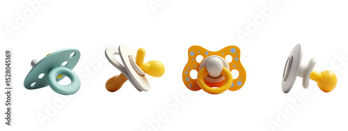 A set of three different colored baby pacifiers