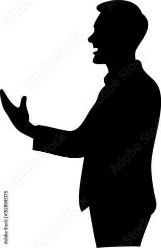 Silhouette of a man in a suit giving a presentation or speech