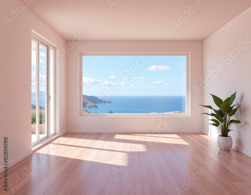soft pastel digital rendering of a spacious room with windows and ocean view, emphasizing calmness and simple forms