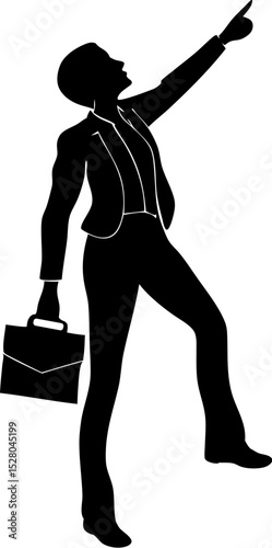Silhouette of a businesswoman pointing upwards, carrying a briefcase, conveying ambition and success.