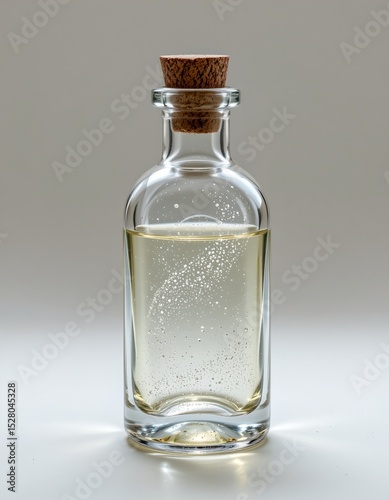 potion bottle with fluid at bottom, pearl white tones, pure brightness above, clear copy space for games.