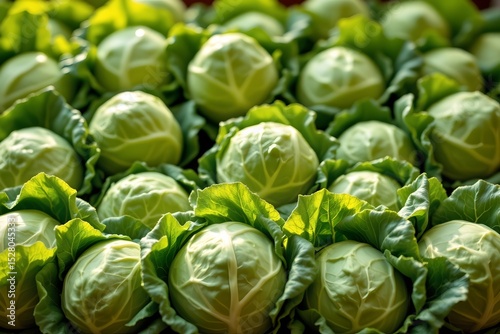 fresh vibrant green cabbages arranged at the bottom of the frame, backlit for a warm glow, ample copy space at the top for photo use.