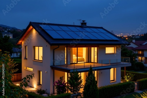 modern house roof with photovoltaic solar panels at night under city lights, subject at bottom, clear copy space at top.
