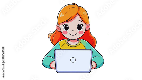 Cartoon vector illustration of a girl student working on a laptop, reading a book, and drawing in a notebook