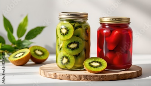 digital minimalism emphasizing silhouettes of jars and kiwi slices, clean and simple presentation.