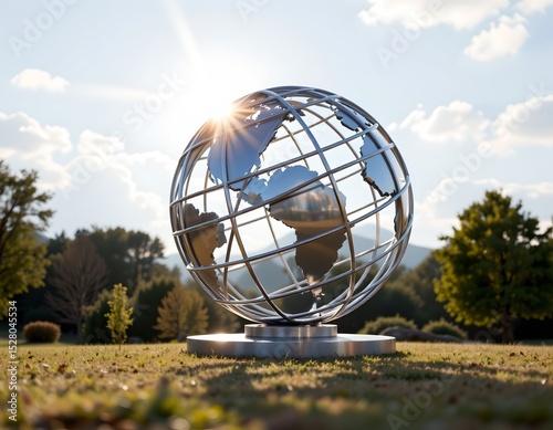 metallic globe structure symbolizing munication and world wide web, positioned at the top with glaring beams, ideal for photo with copy space below.