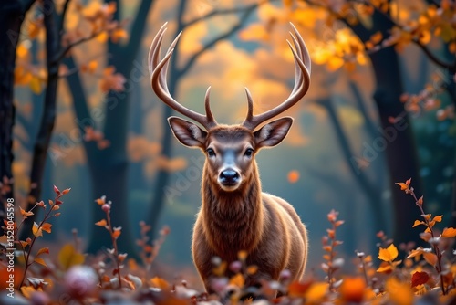 serious deer in autumn forest at the bottom, holographic style with rose gold tones, ample copy space at the top.