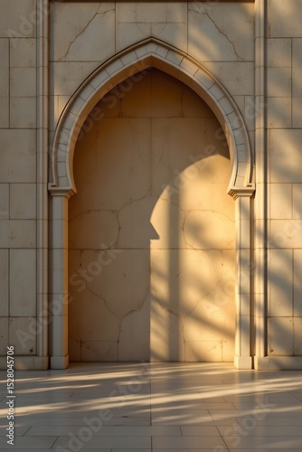 islamic arch casting shadows in golden light on neutral backdrop, subject on the right side, leaving space on the left for text, perfect for islamic banner design.