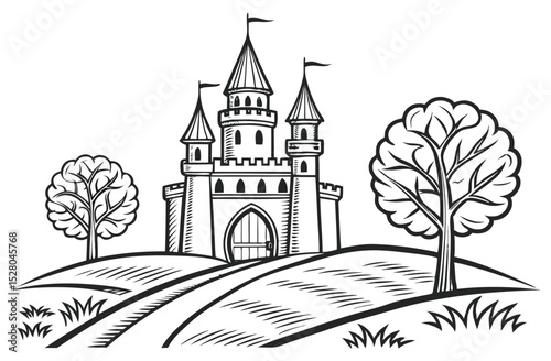 Vintage Fairytale Castle on Hill Illustration