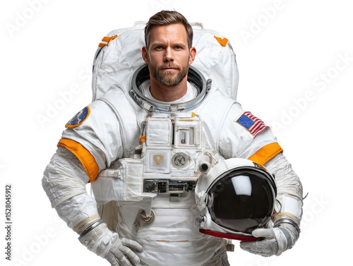 Astronaut Portrait: A determined astronaut stands in a space suit, confidently holding a helmet, ready for the challenges of space exploration.
