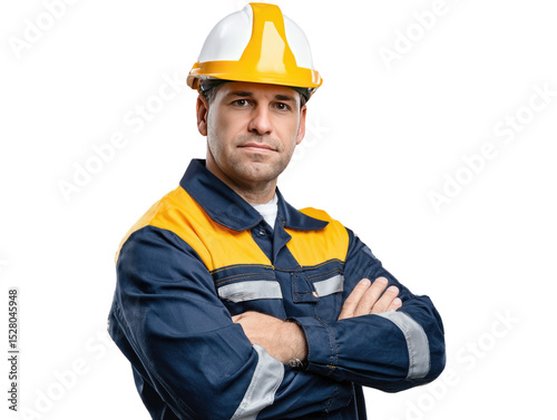 Confident Constructor: A skilled constructor in a protective work uniform and helmet, stands with folded arms in a studio shot. Capturing expertise, safety, and professionalism.
