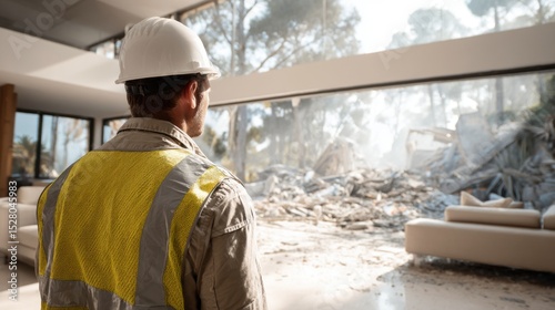 Wallpaper Mural Construction worker looking at demolition site through window, from inside new building, wearing safety vest and helmet. Torontodigital.ca