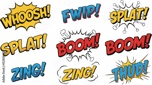 A collection of dynamic comic book sound effects featuring vibrant typography and bold exclamation marks, creating a sense of action and excitement. 
