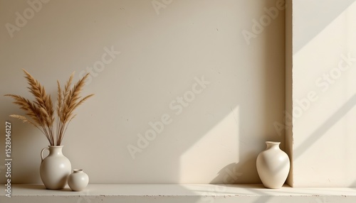 top view of beige walls adorned with ceramic vases and dried grass, subject positioned at the top, with copy space at the bottom, in lightwave style under white brilliance