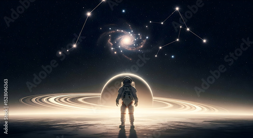 Astronaut Standing on Alien Planet Gazing at Galaxy and Constellations