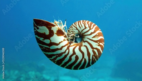 Nautilus shell in its natural habitat, deep blue ocean aquatic environment