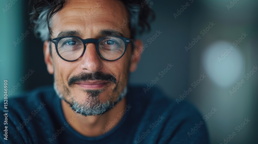 Obraz premium A close-up portrait of a smiling man with glasses and curly hair, radiating confidence and warmth, set against a softly blurred background, showcasing his approachable character.