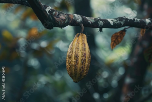 High Quality Picture of Ripe Cocoa Pod Hanging on Tree Branch in Rainforest
