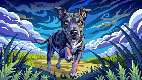 Vector illustration of dog running through a grassy park , perfect for summer themes, wildlife scenes