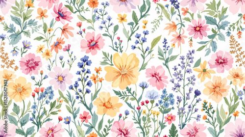 Beautiful vector seamless floral pattern with watercolor hand drawn gentle summer flowers
