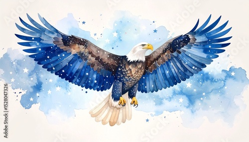 Watercolor Eagle with Stars Concept. Majestic eagle soaring against a watercolor background.
