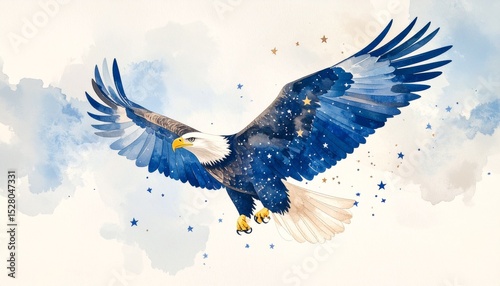 Watercolor Eagle with Stars Concept. Majestic eagle soaring through a starry sky backdrop.