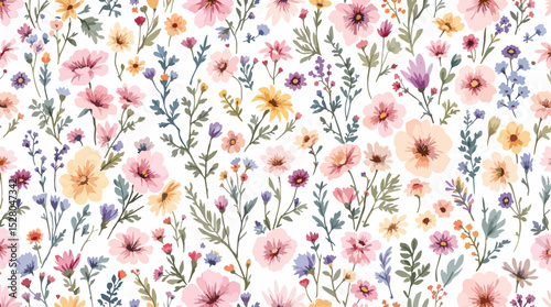Beautiful vector seamless floral pattern with watercolor hand drawn gentle summer flowers