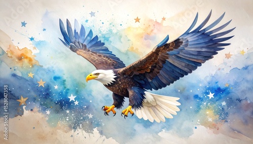 Watercolor Eagle with Stars Concept. Eagle soaring through a starry watercolor sky.